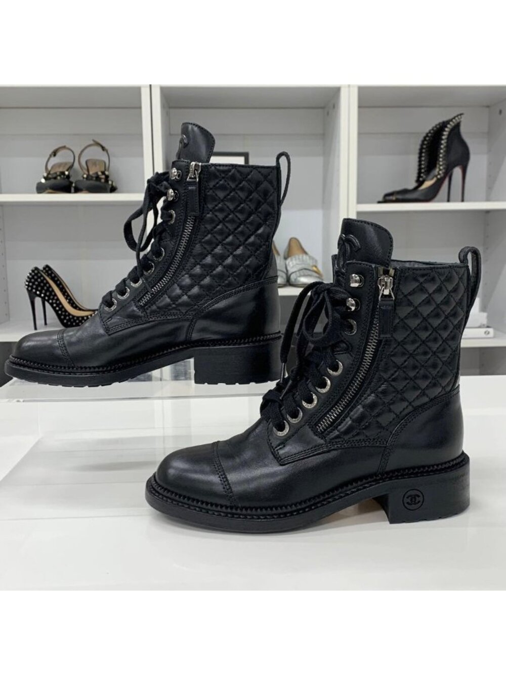 Chanel Quilted Coco Mark Leather Lace Up Short Boots - Picture 2 of 10